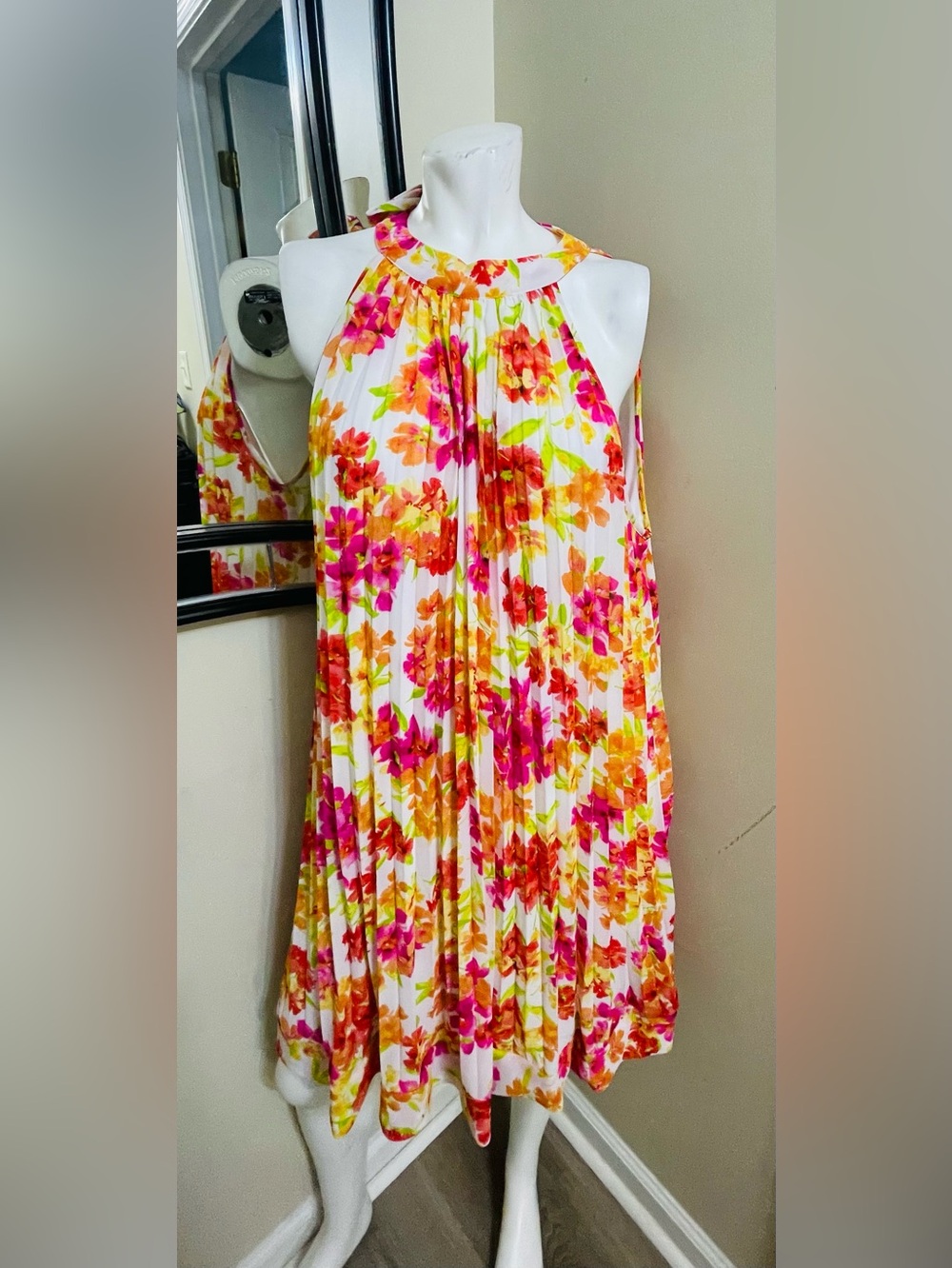 Emma & Michele White Floral Halter Dress with Pink, Orange & Green